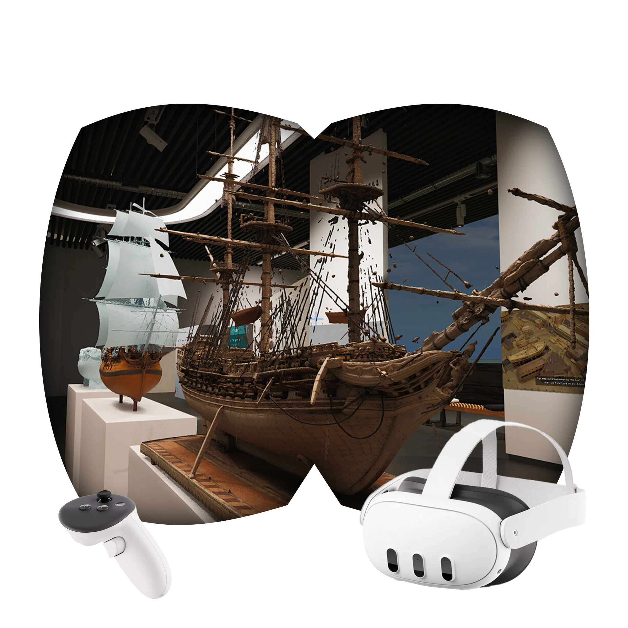 AGO Bristol 1775 - in-headset view of the Bristol model in the VR gallery, with Meta Quest 3 headset and controller
