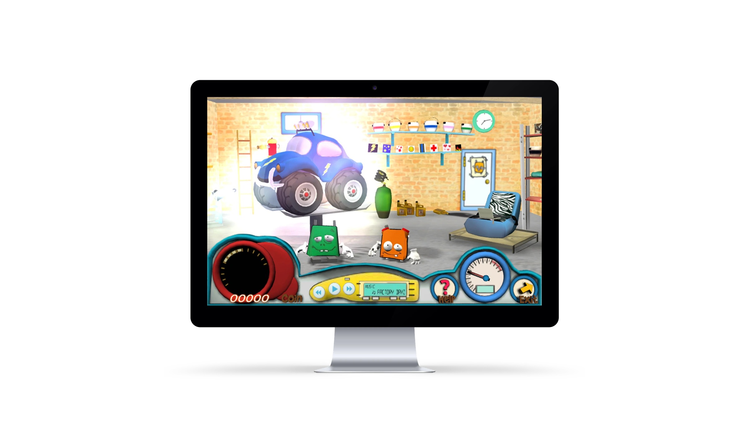 Booster Buddies: Safety Town - in-game scene with the cardboard-box characters and a blue car on a workshop lift
