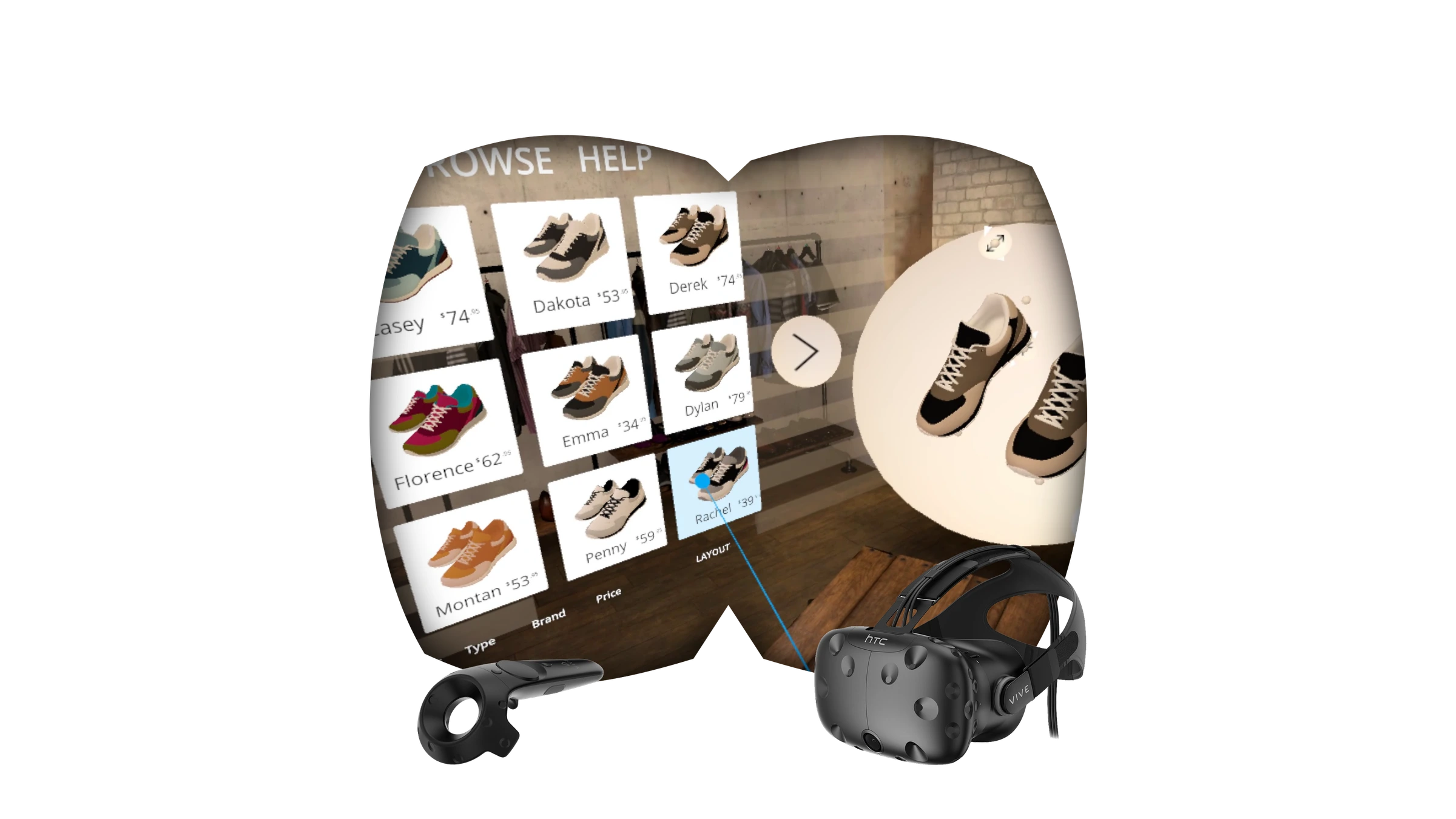 VR Shoe Catalog Browser - in-headset view of the catalog grid with HTC Vive headset and controller